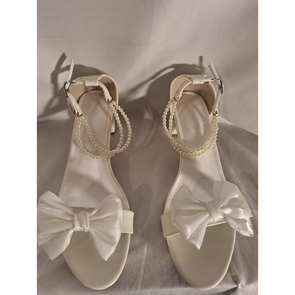 White Organza‎ Bow Block Heel Sandals Pearl Ankle Strap Wedding Shoes EU 44